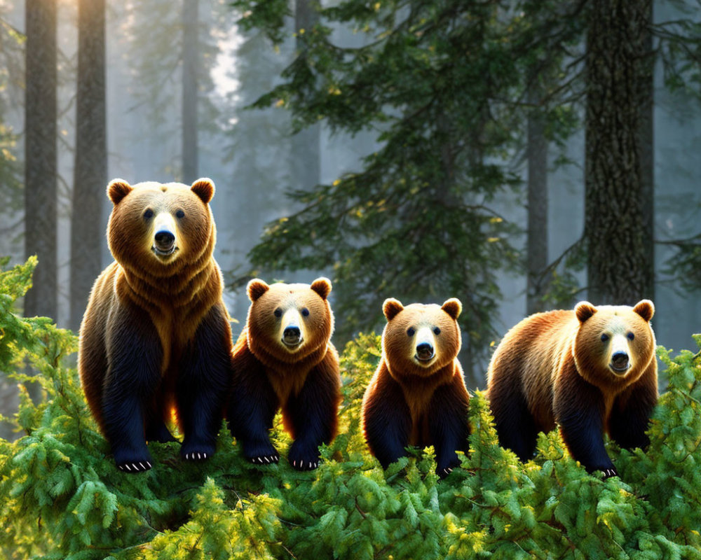 Four bears in dense forest with sunlight filtering through trees