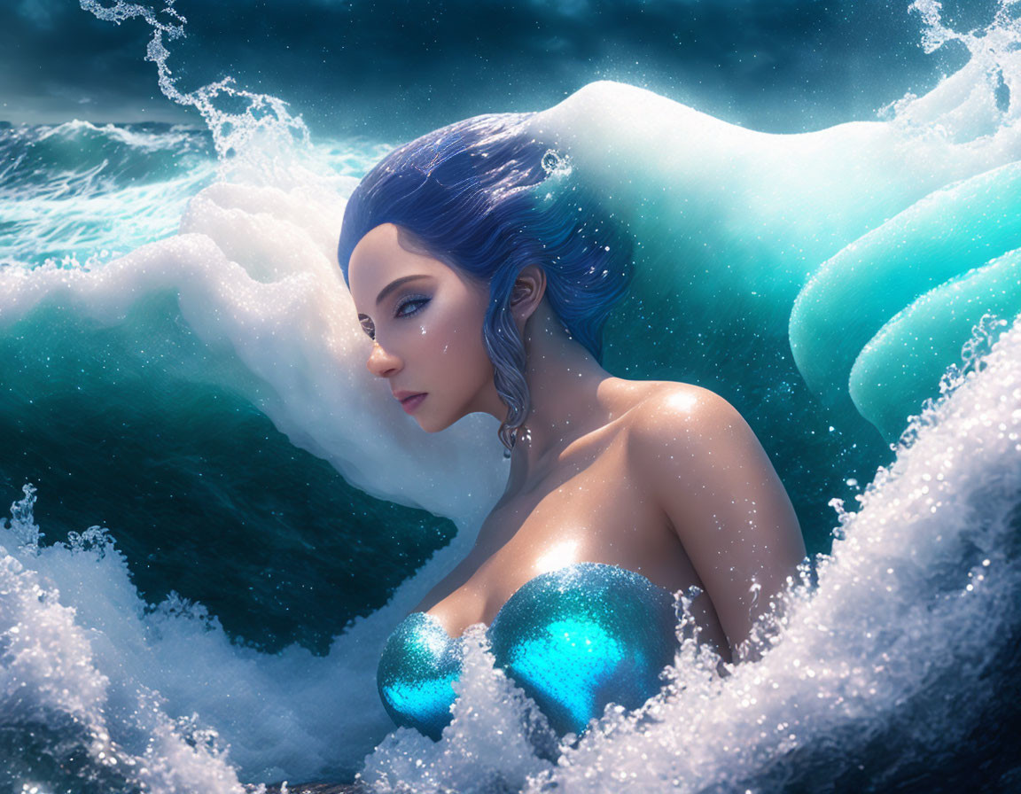 Digital Artwork: Woman with Blue Hair and Shiny Top in Ocean Waves