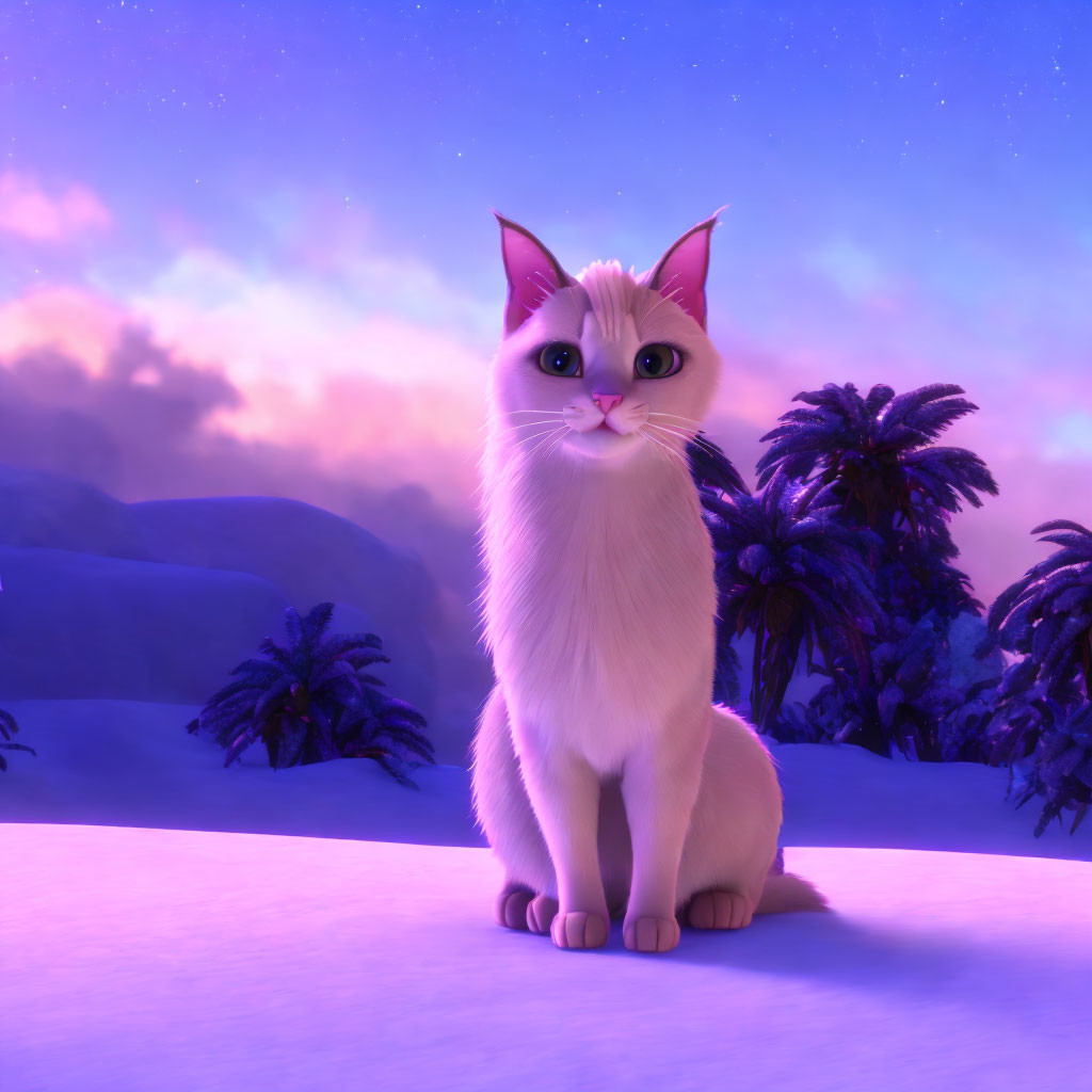 White animated cat with blue eyes in snowy landscape at dusk