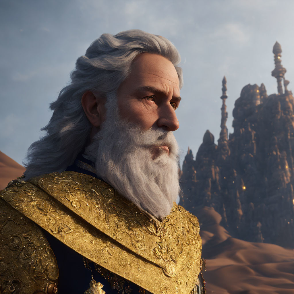 Elderly man in golden armor with white beard in desert setting