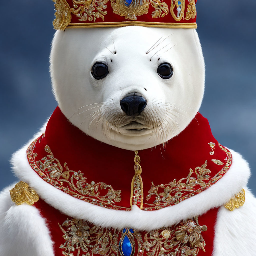 Regal seal with human-like expression in ornate crown and red robe against cloudy sky