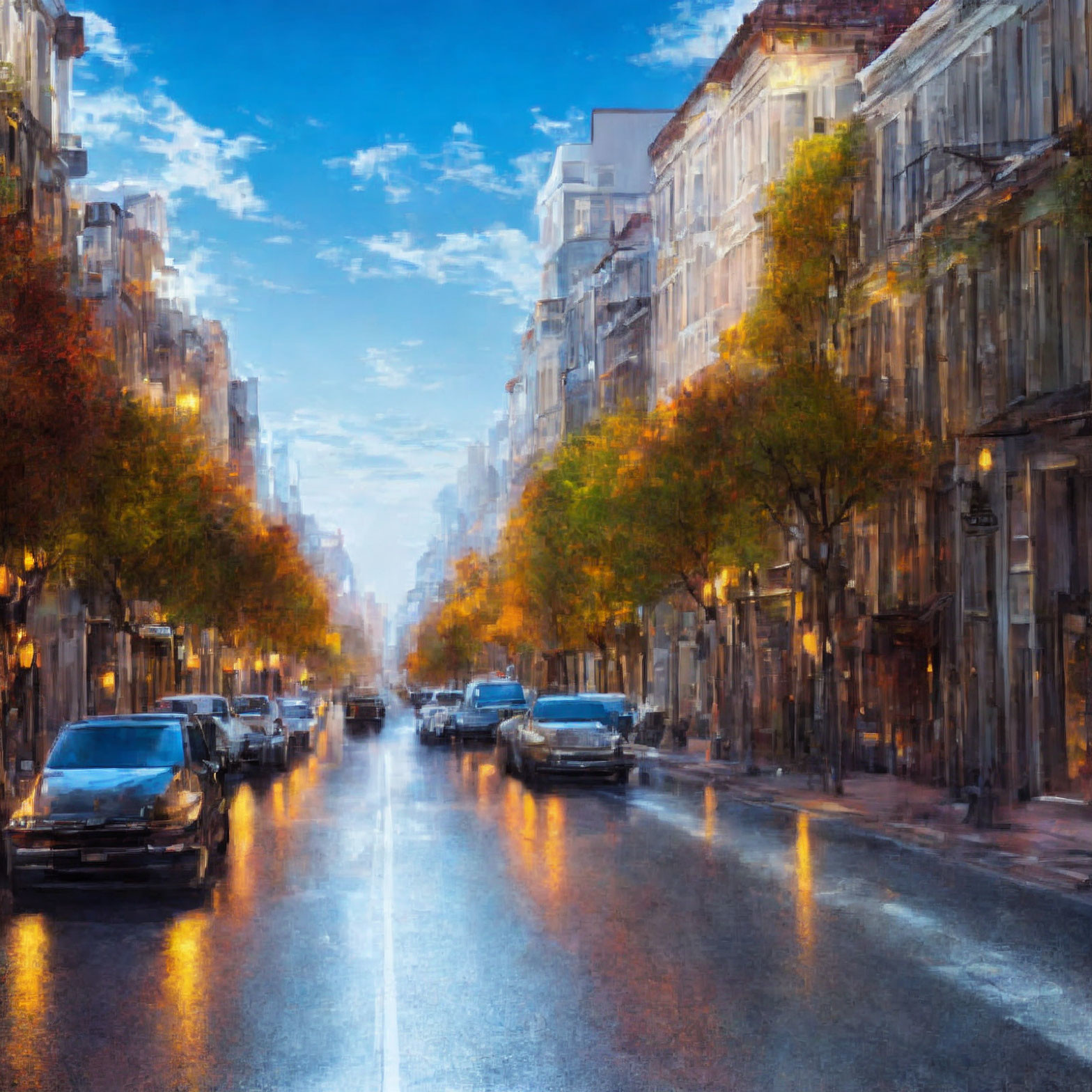 City street with classic architecture and parked cars under a setting sun