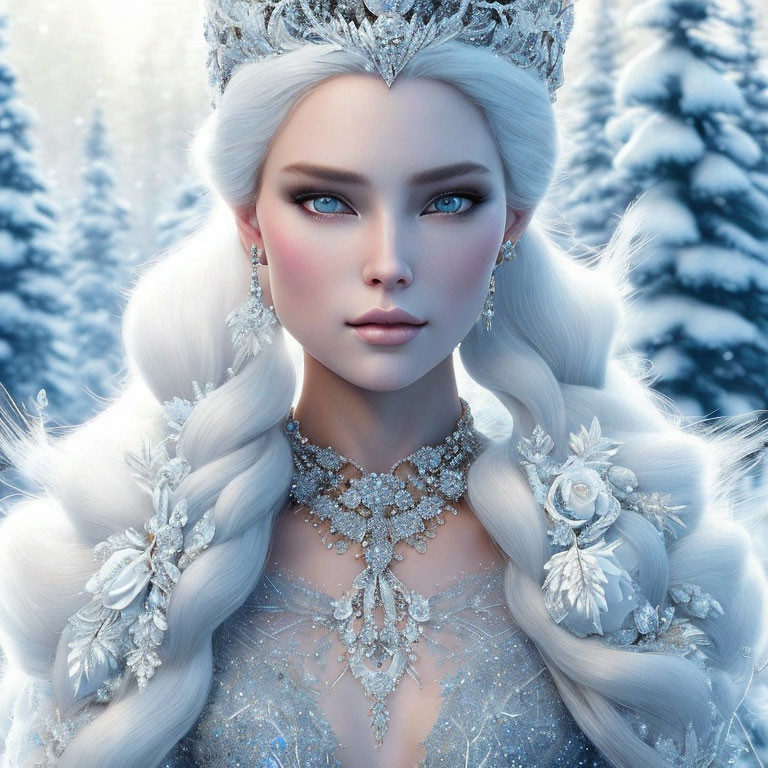 Fantasy Ice Queen with Blue Eyes and White Hair in Snowy Forest