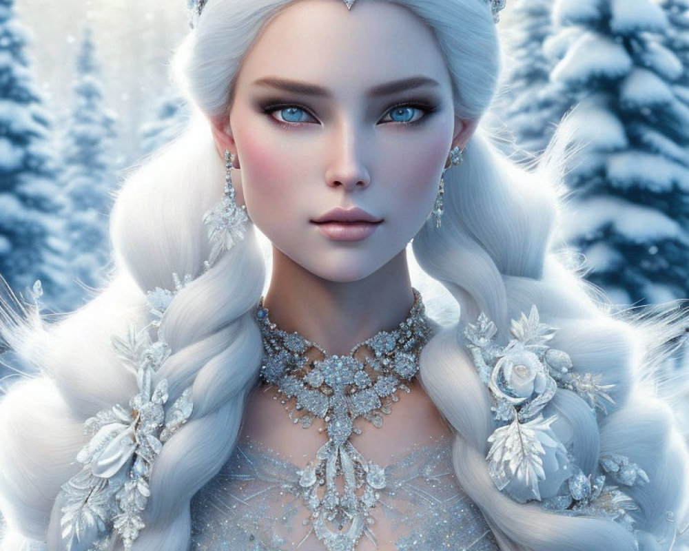 Fantasy Ice Queen with Blue Eyes and White Hair in Snowy Forest