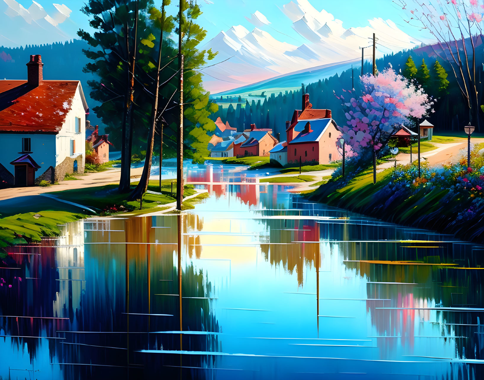 Picturesque village scene with river reflection and blossoming trees