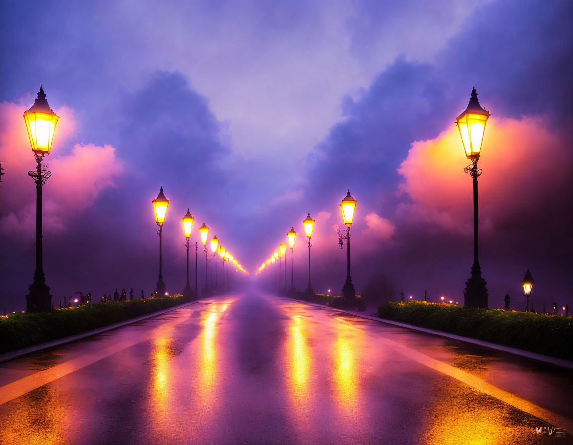 Twilight street scene with wet road and double row of street lamps