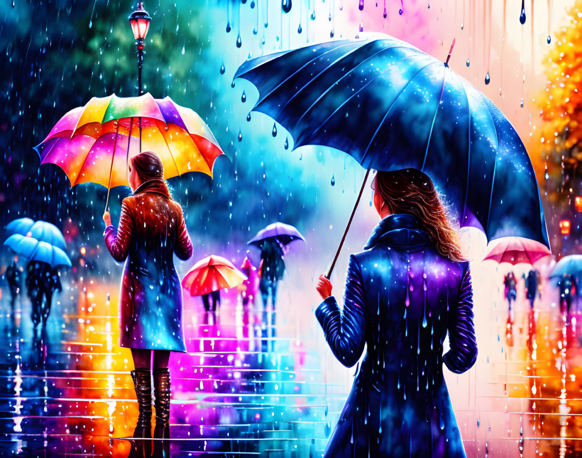 Vibrant umbrellas on colorful wet street in rainy urban scene