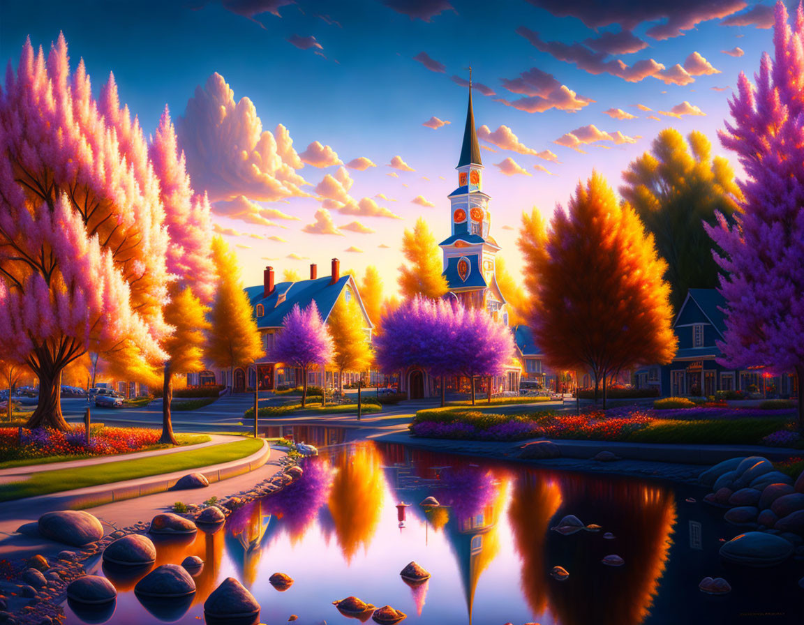 Colorful landscape with church, pink trees & reflective river at sunrise or sunset