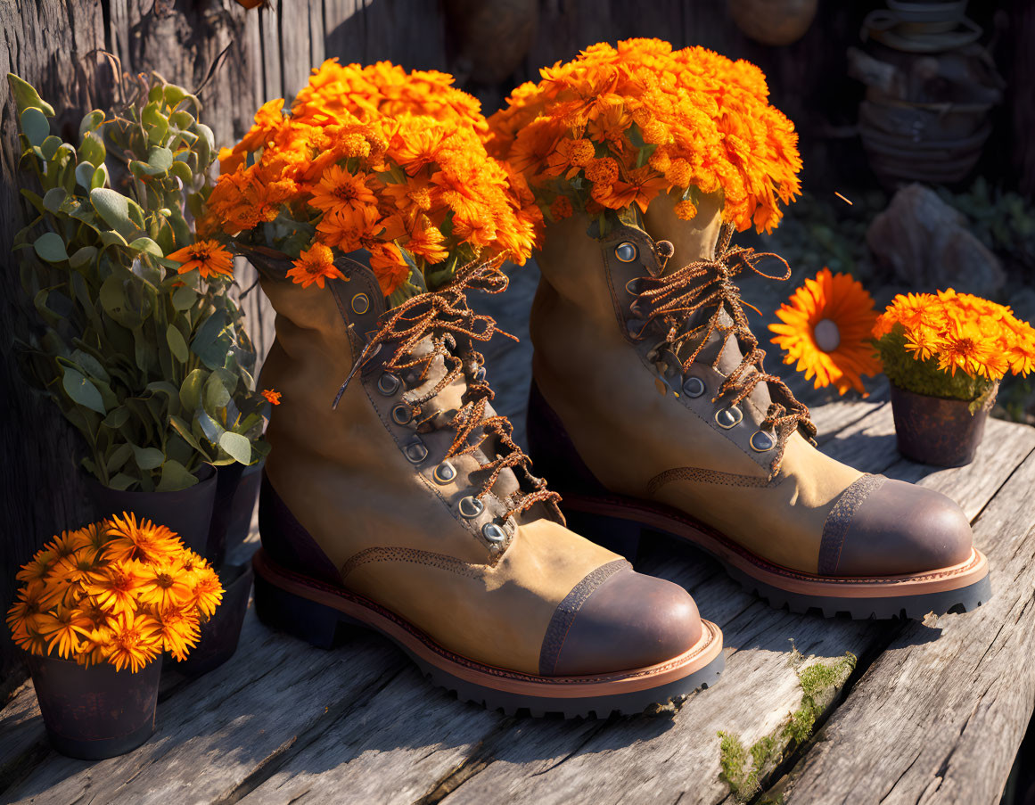 Leather boots filled with vibrant marigold flowers on rustic wooden background