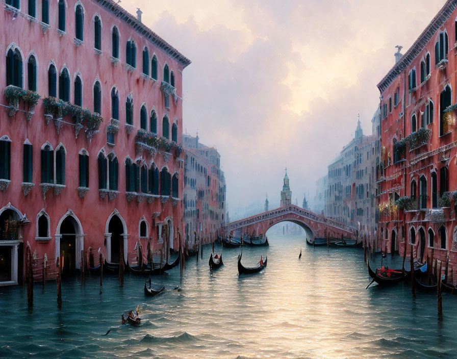 Venice canal at dusk with gondolas and footbridge