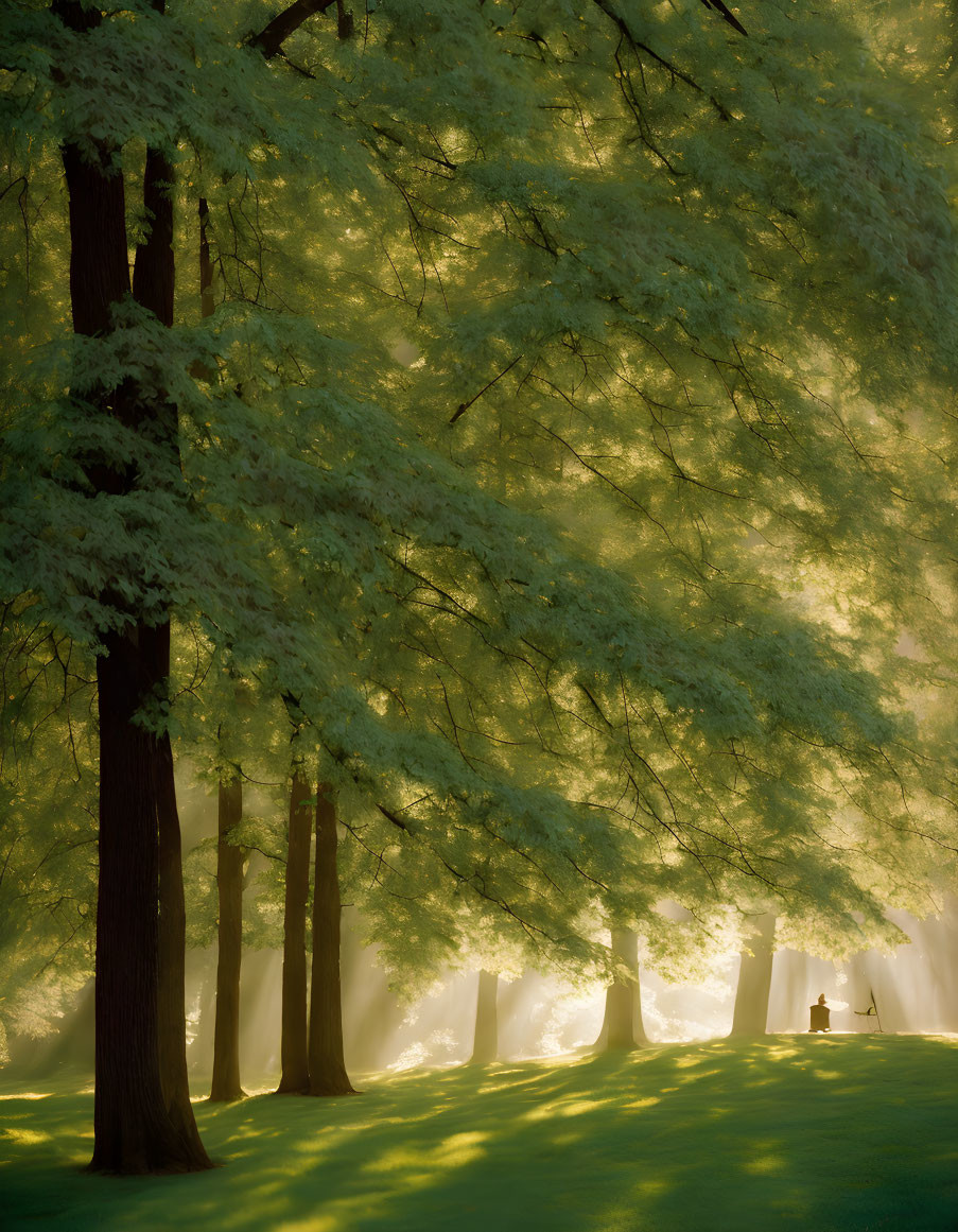 Majestic forest scene with towering trees and golden sunlight through mist