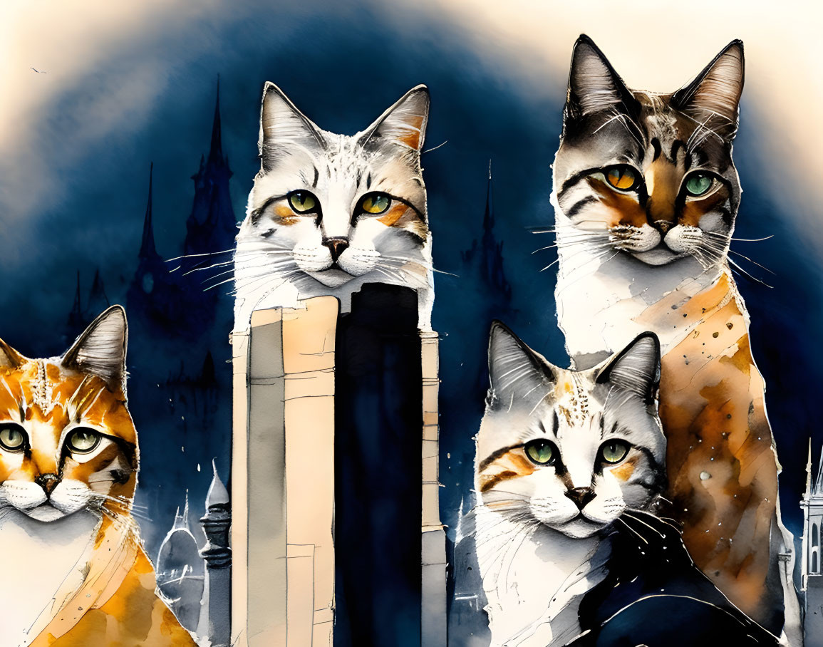 Vivid Marked Cats Against Blue & Orange Cityscape Background