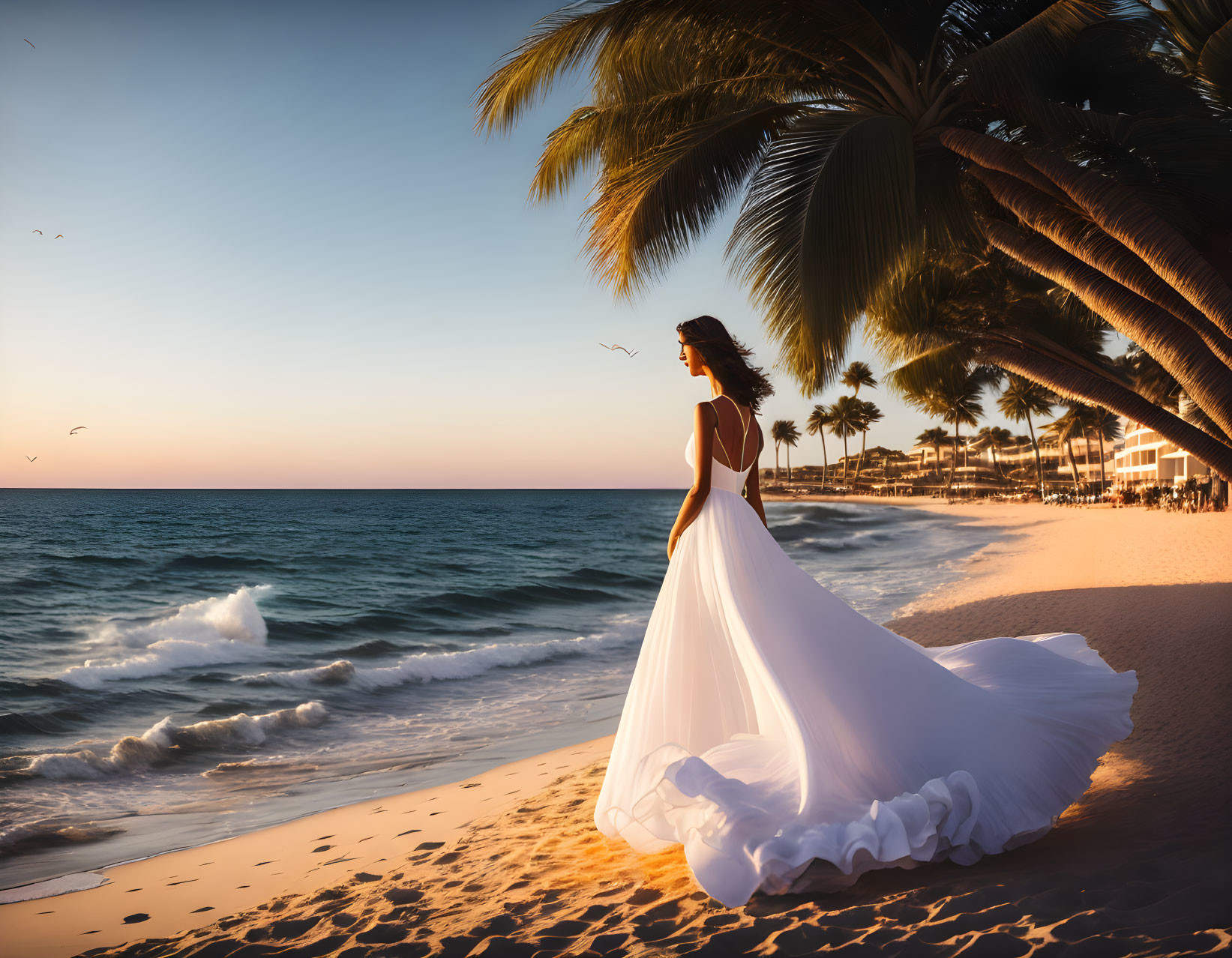 Bride in white dress on beach at sunset with palm trees and resort