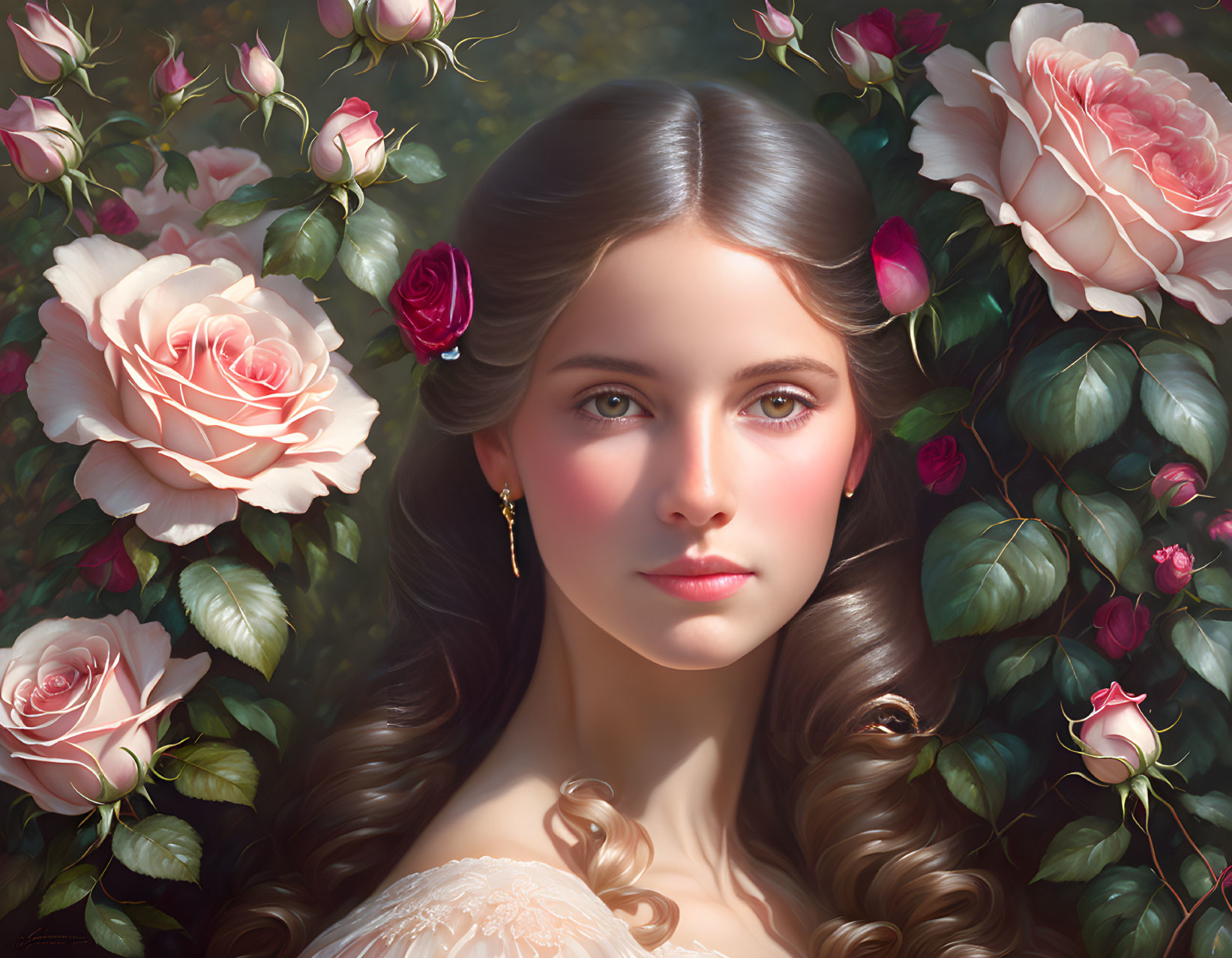 Portrait of young woman with long brown hair in pink rose garden.