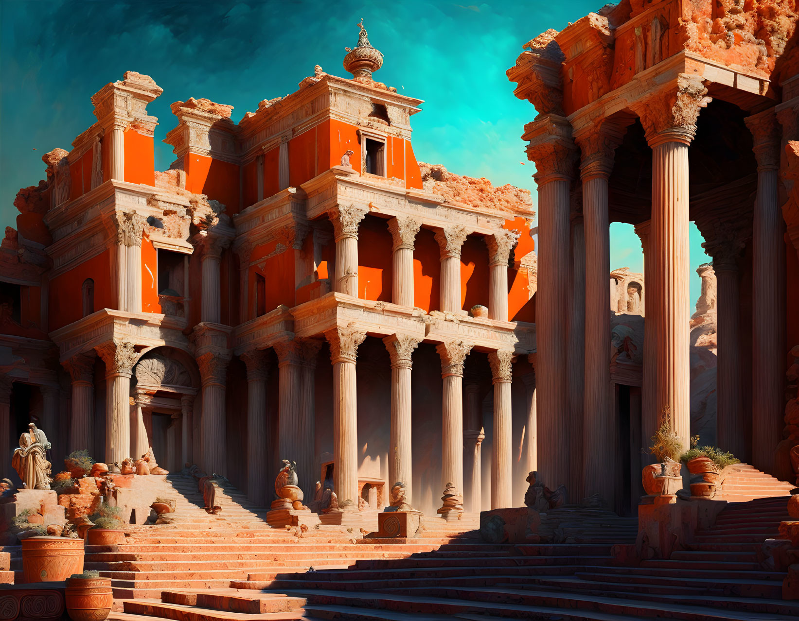 Ancient ruin with towering pillars, intricate architecture, and statues under vivid blue sky