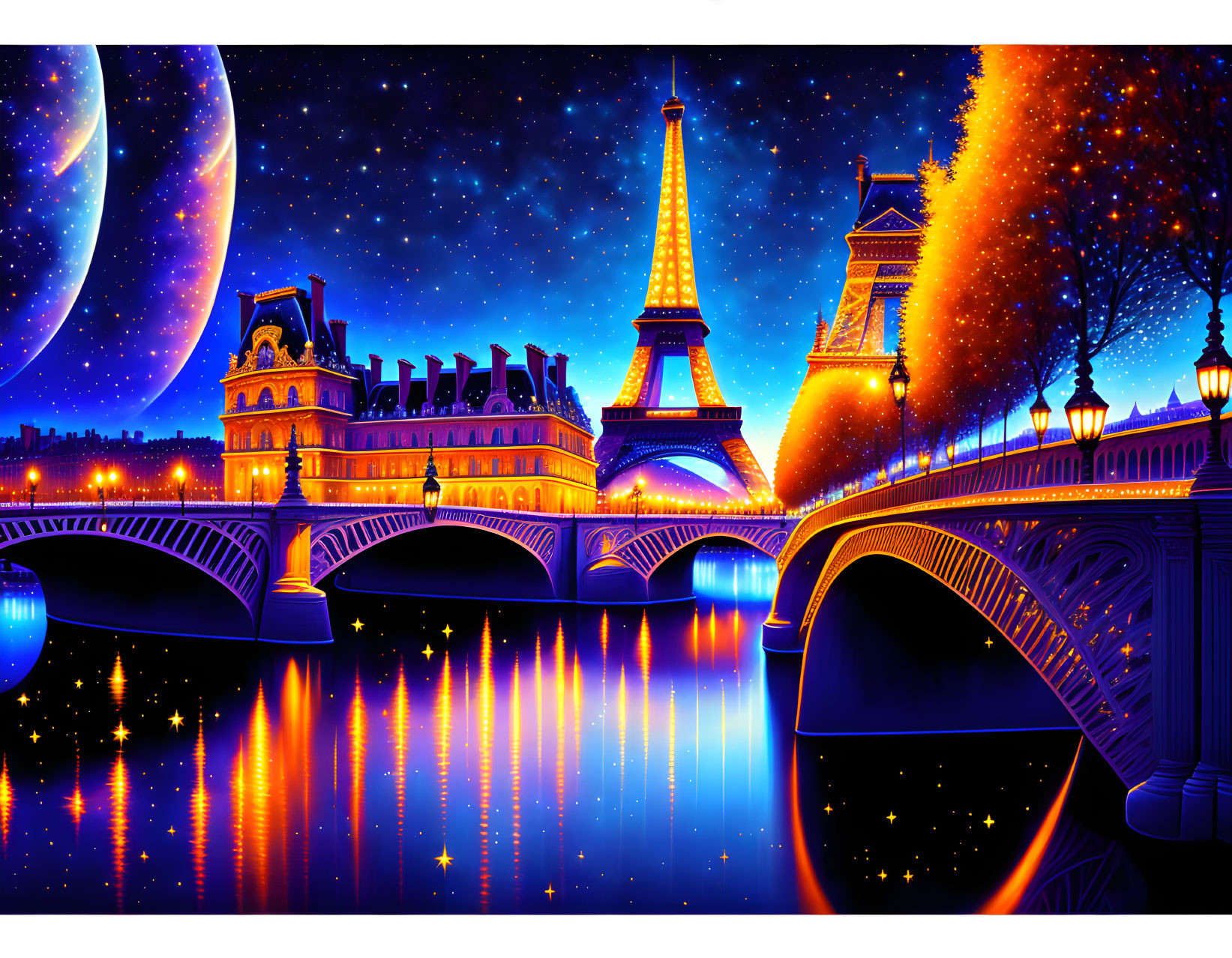 Illustration of Paris night scene with Eiffel Tower, river, bridge, buildings, starry