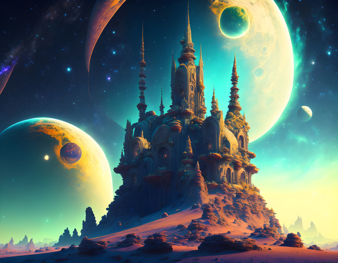 Ornate alien temple in fantastical sci-fi landscape