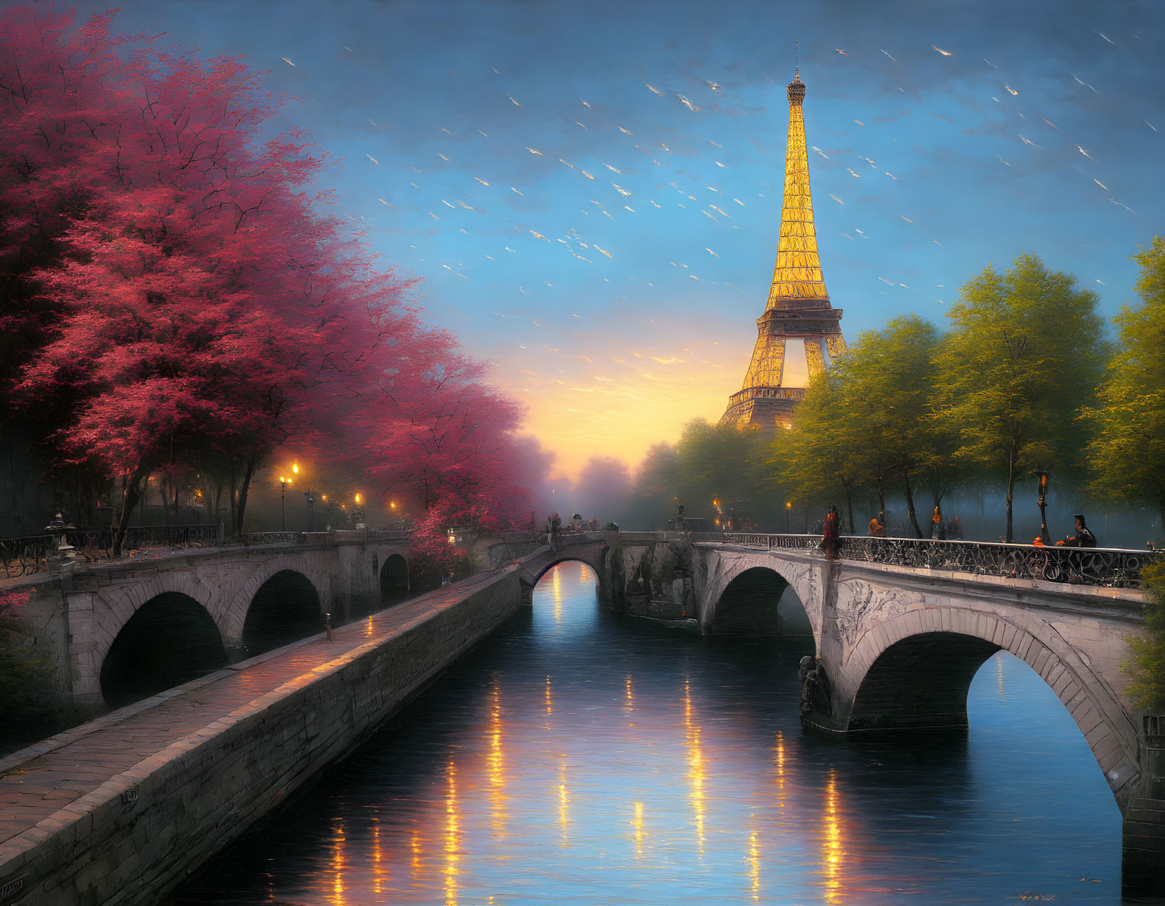 Twilight scene with Eiffel Tower, stone bridge, river, autumn trees, and birds