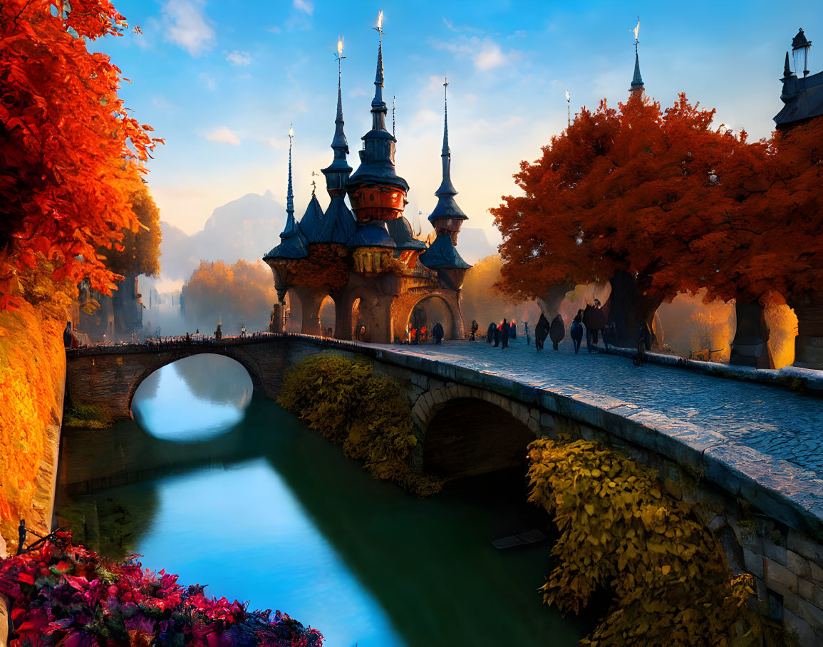 Serene river under old stone bridge, autumn foliage at sunset