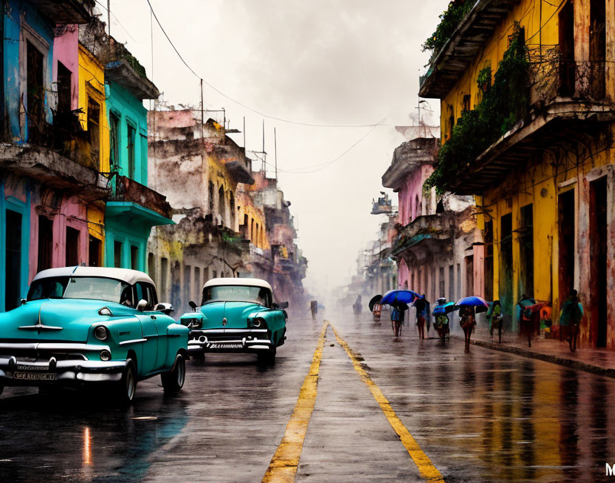 Colorful Town Street Scene with Vintage Cars and Umbrella-Carrying People