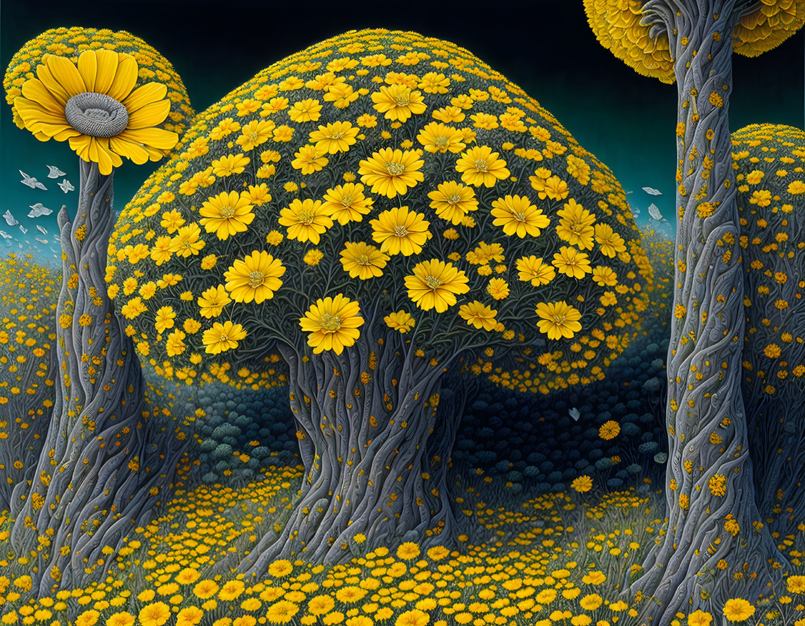 Surreal landscape with yellow flowers and spheres on dark background