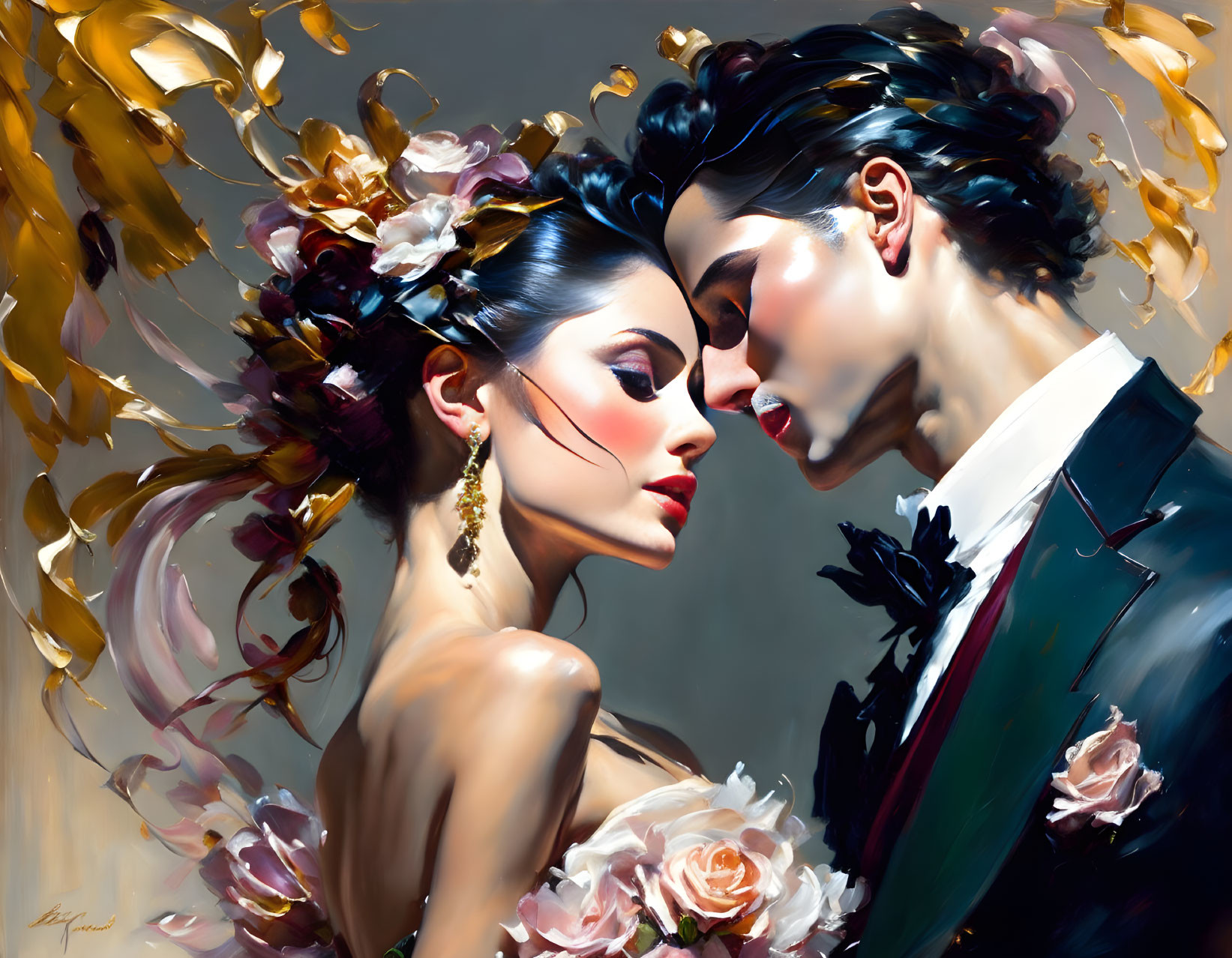 Intimate moment between man in tuxedo and woman with flowers