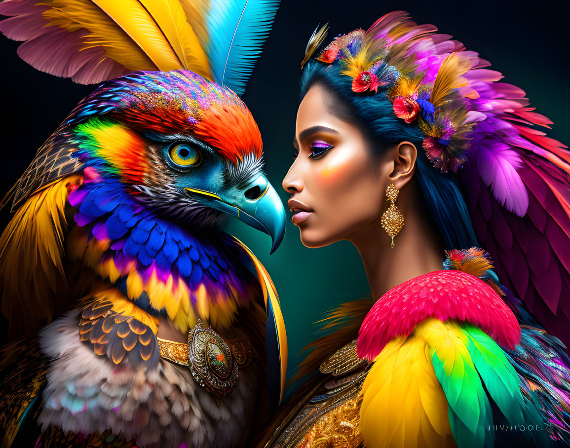 Colorful artwork of woman and parrot with vibrant feathers and makeup