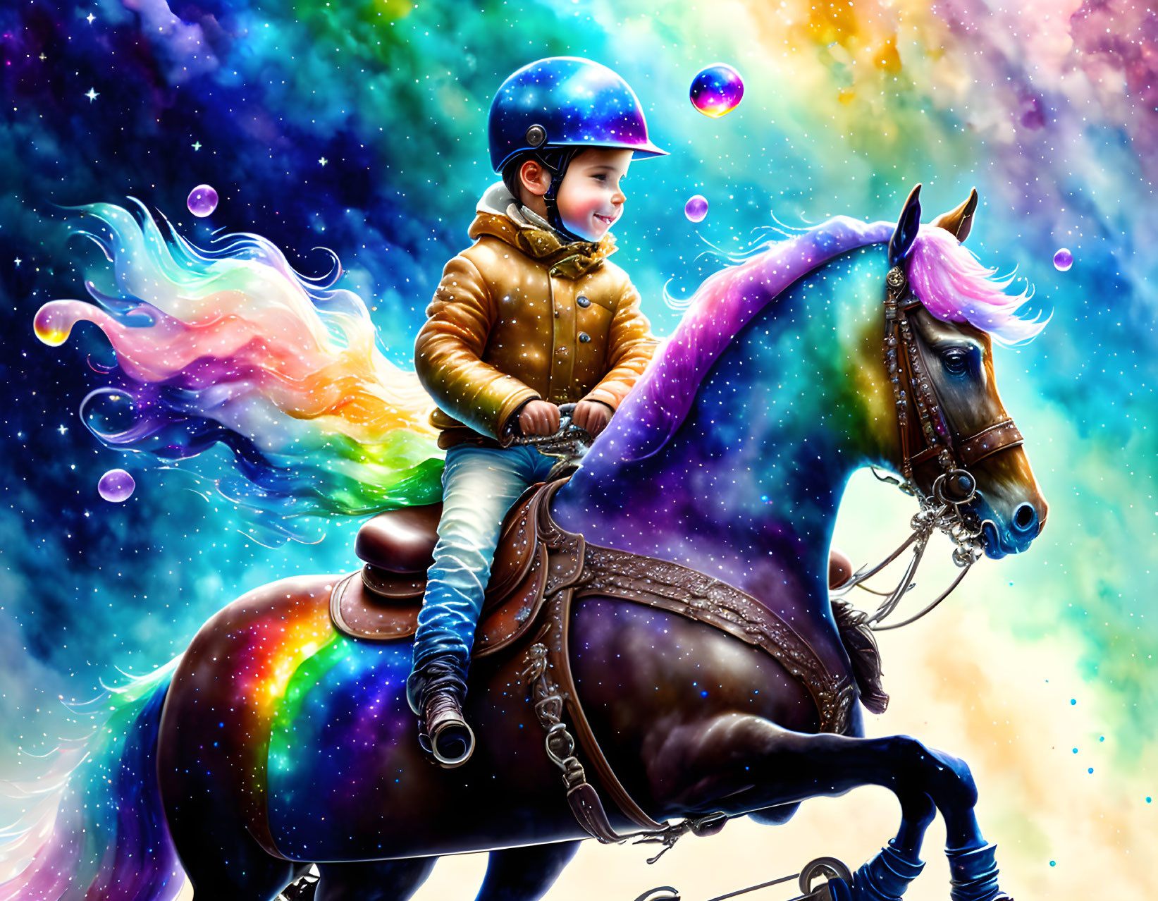 Child riding cosmic-colored horse with bubbles in starry scene