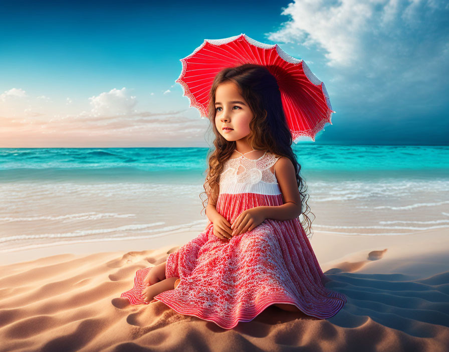 Young girl with red umbrella on beach at dusk.