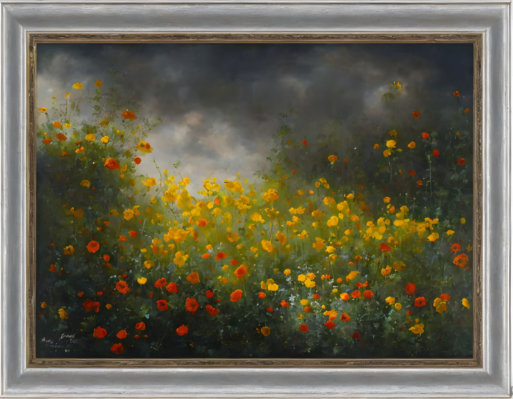 Vibrant field of yellow and red flowers under overcast sky in decorative frame