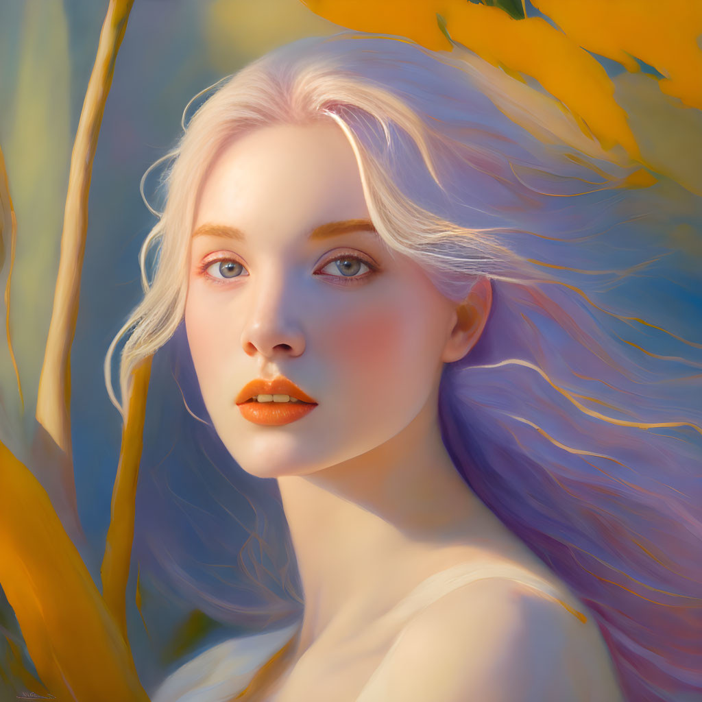 Portrait of woman with pale skin and lavender hair gazing forward in warm sunlight