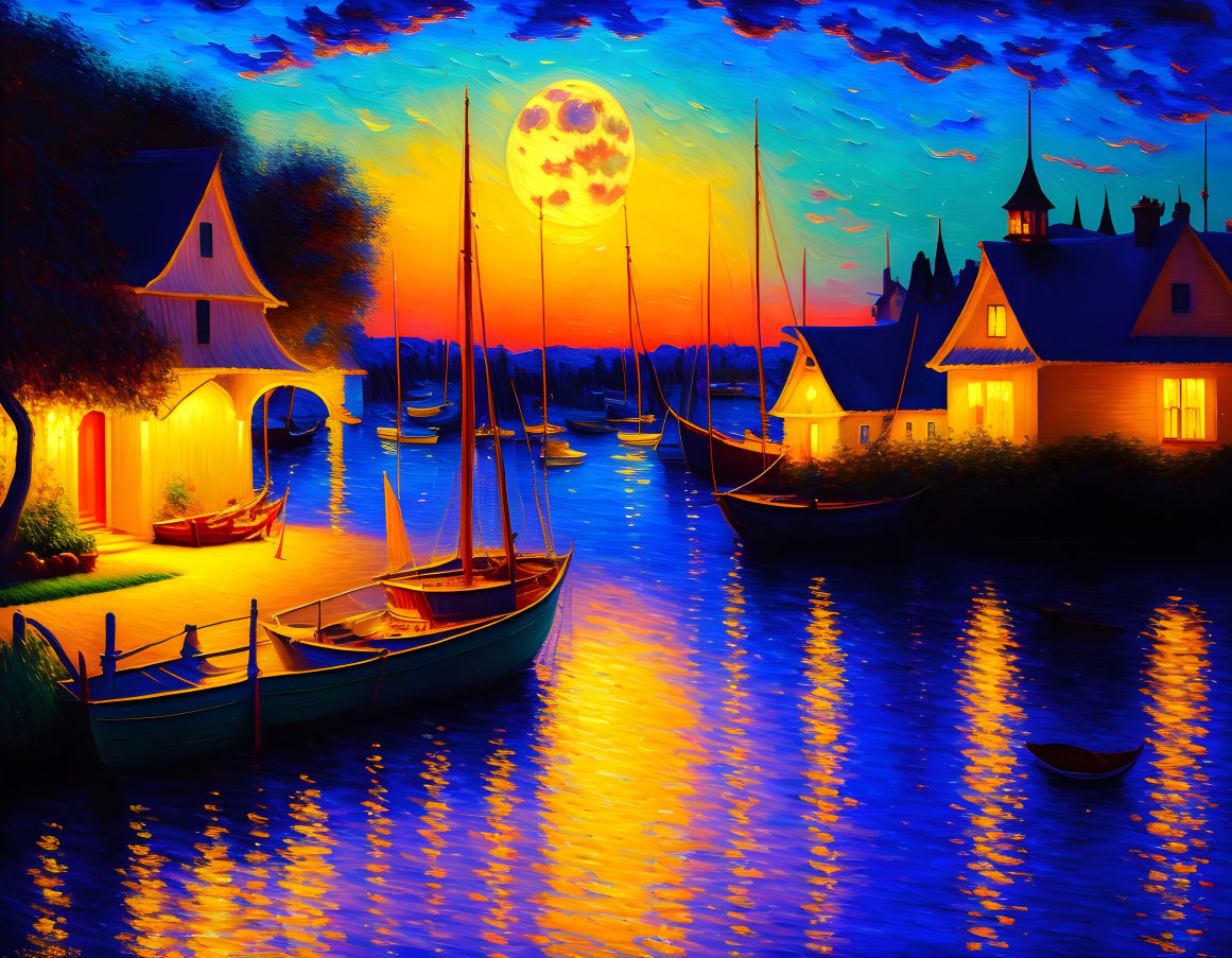 Colorful waterfront sunset painting with boats, full moon, and illuminated houses