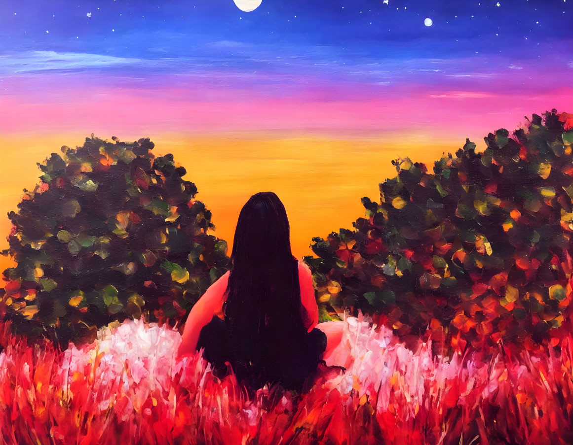 Person sitting between trees under vibrant sunset sky with stars and crescent moon.