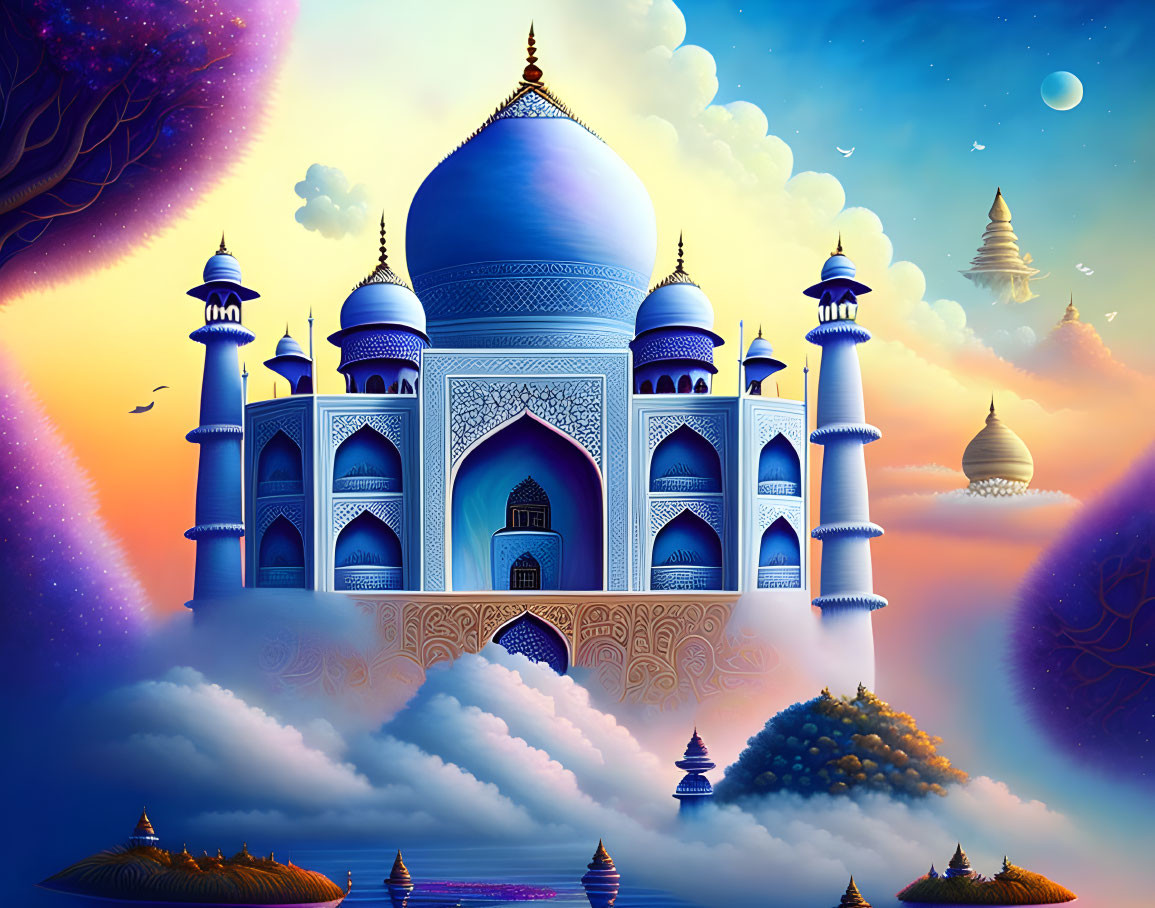 Fantasy Taj Mahal-like palace on islands under twilight sky