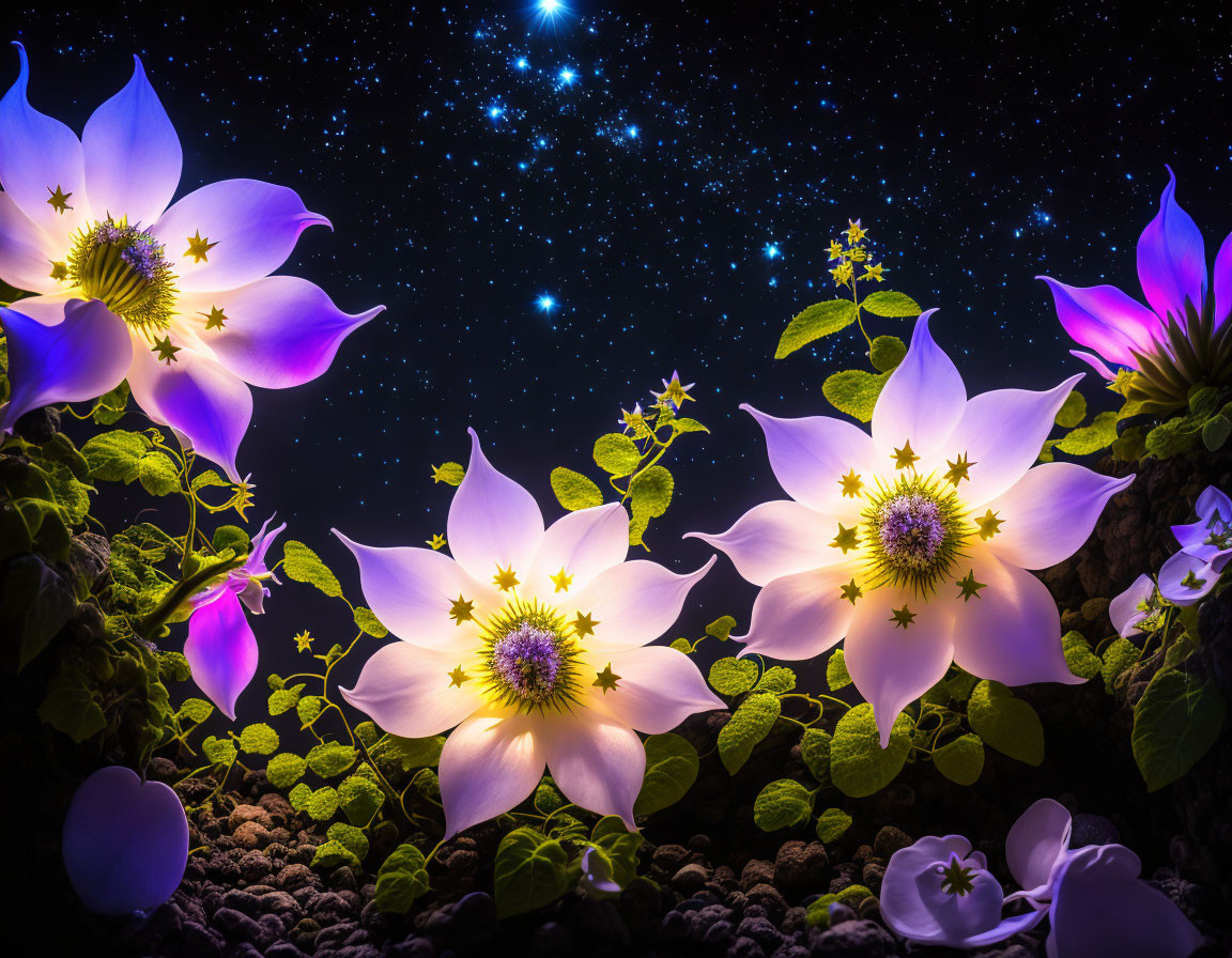 Vibrant purple and white flowers under starry night sky