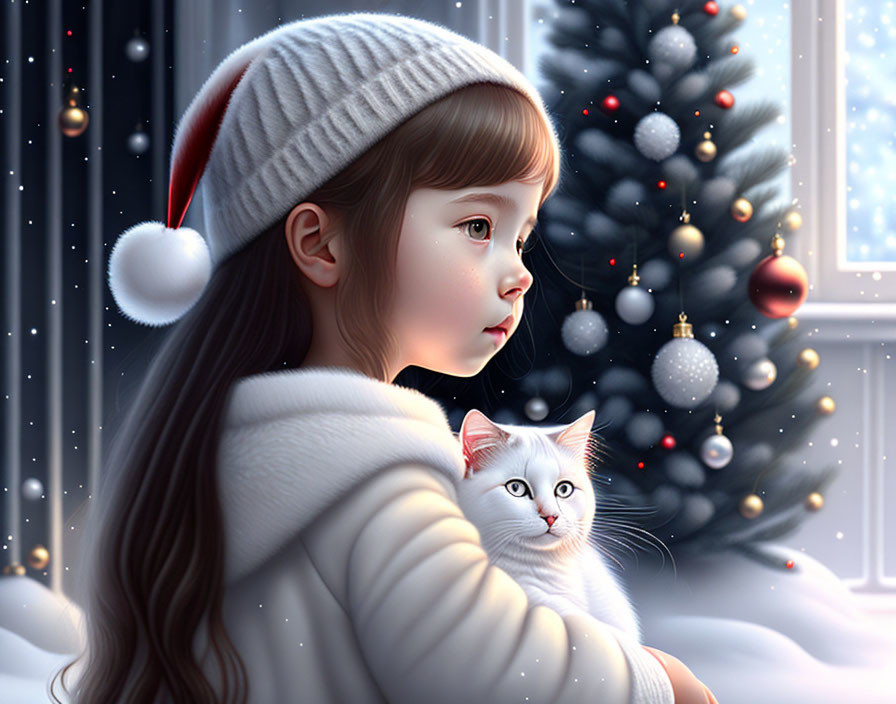 Young girl in Santa hat holding white cat by window with falling snow and Christmas tree.