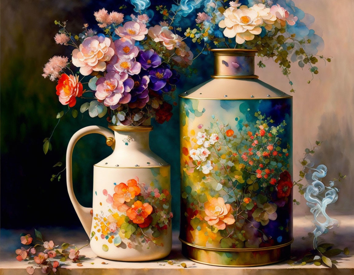 Colorful Flower Still Life Painting with White Jug and Decorated Tin