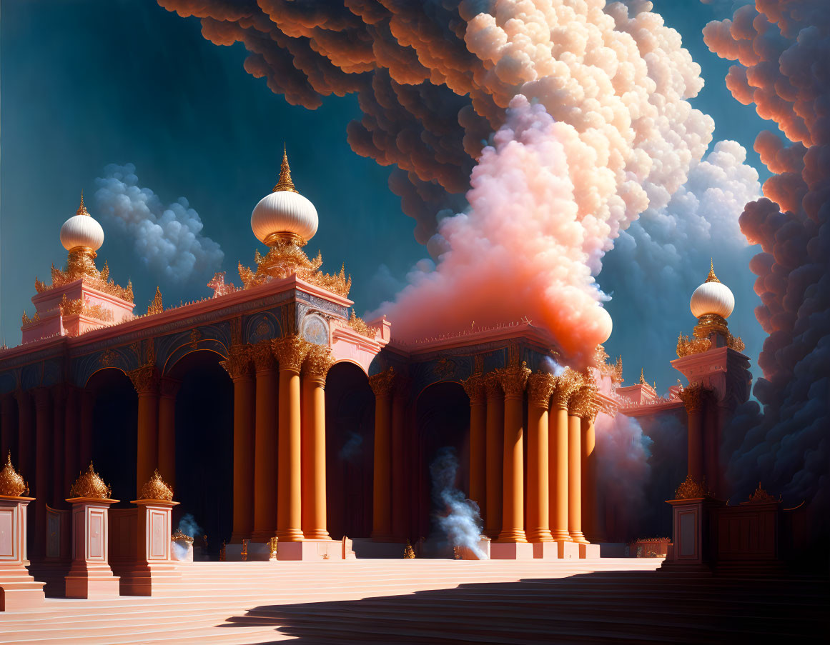 Ornate palace with golden domes under dramatic sky and billowing smoke