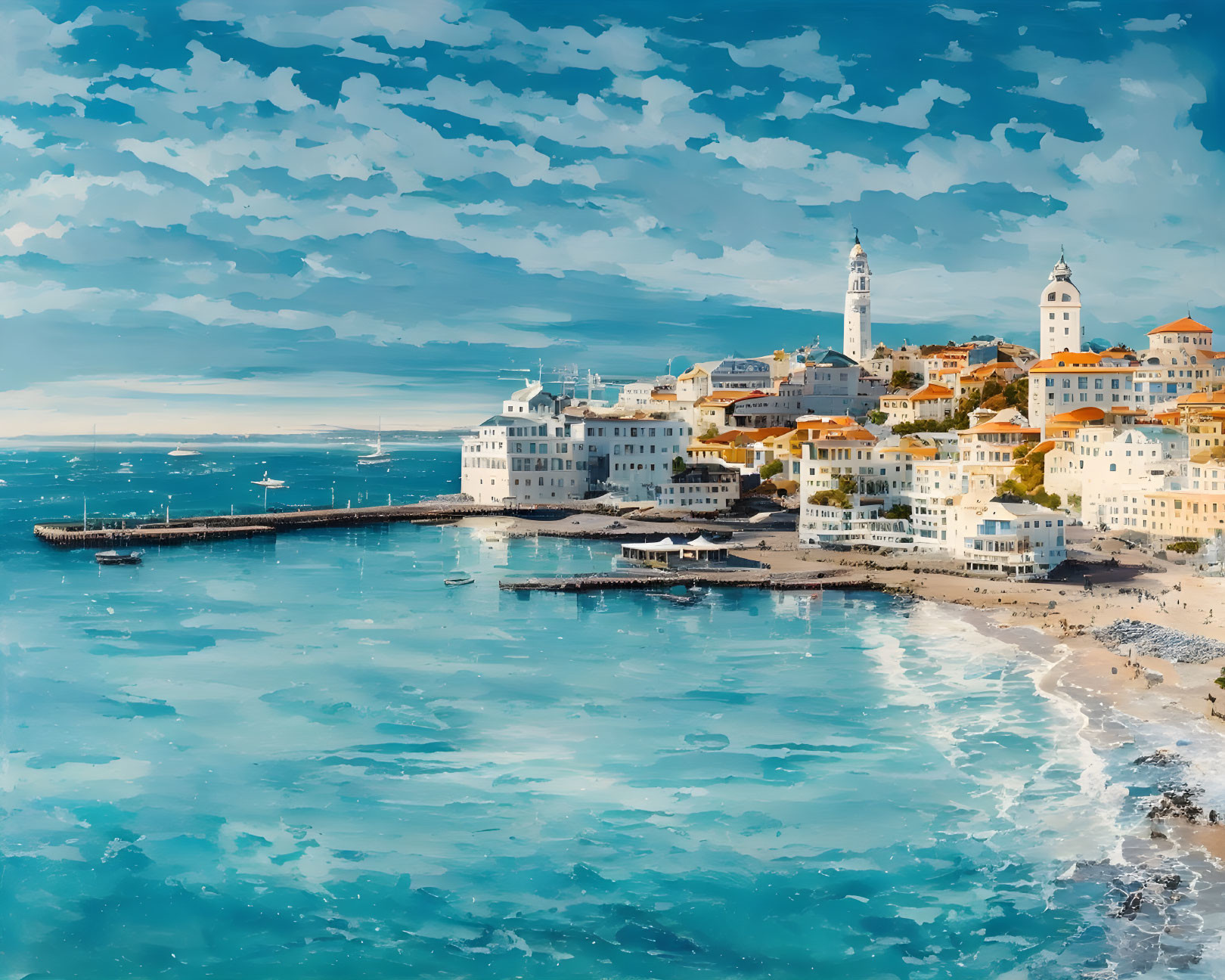 Scenic coastal town with white buildings and terra-cotta roofs