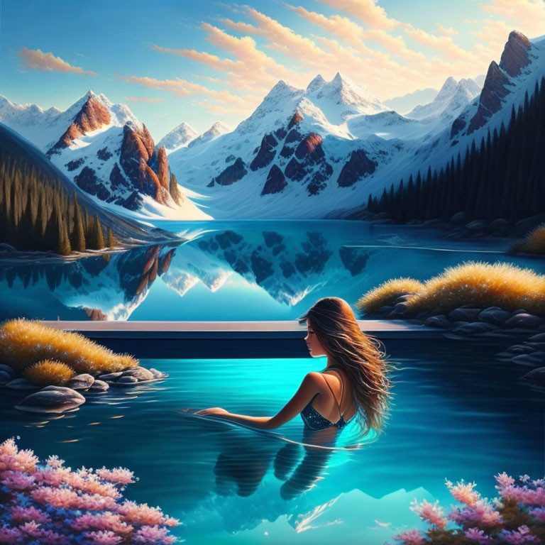 Woman bathing in mountain lake at sunset with snow-capped peaks and vibrant flora