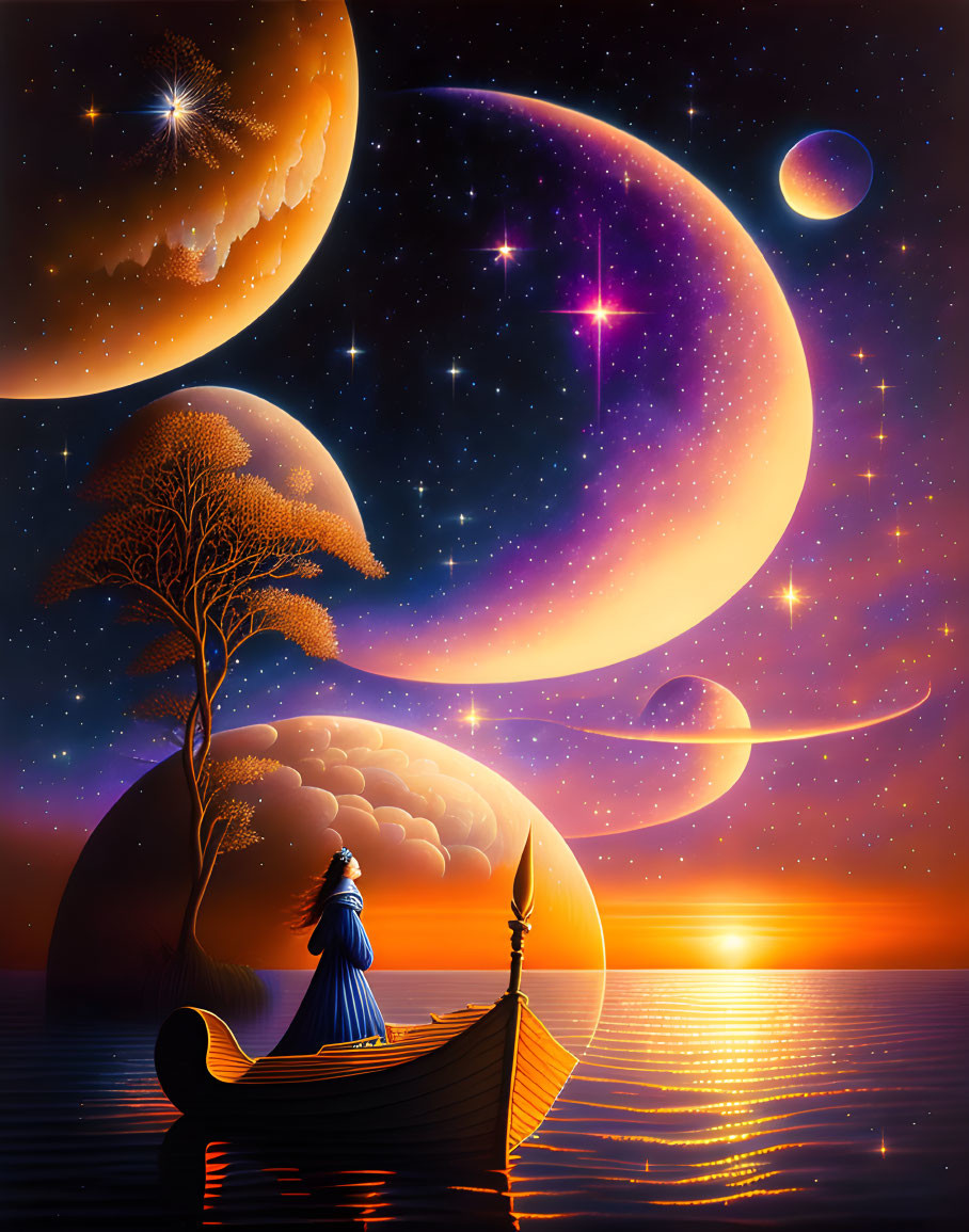 Person in blue robe on boat gazes at surreal scene with vibrant crescents and planets in starry