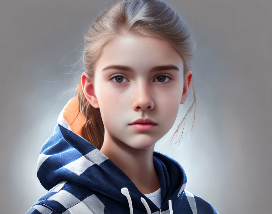 Portrait of a young girl with fair skin and brown hair in blue and white hoodie