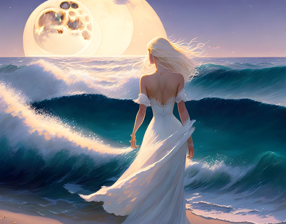 Woman in white dress gazes at moon over sea with crashing waves.