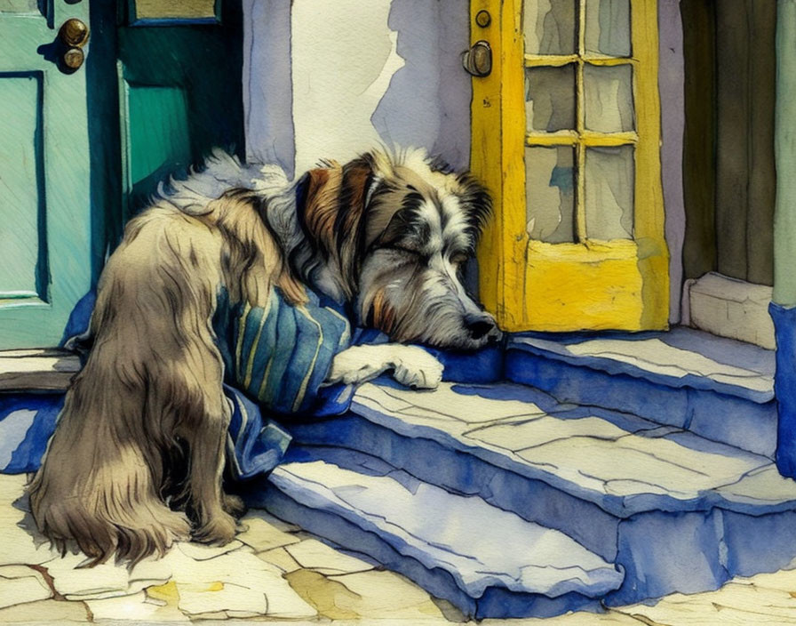 Fluffy dog in blue shirt on porch with yellow door & blue steps