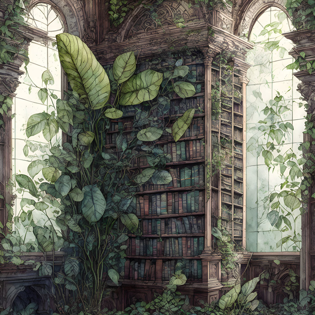 Overgrown library with vines, wooden bookcase, classical arches, and large windows