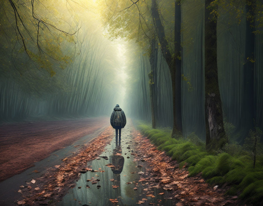 Solitary figure walking in misty forest with sunlight filtering through.