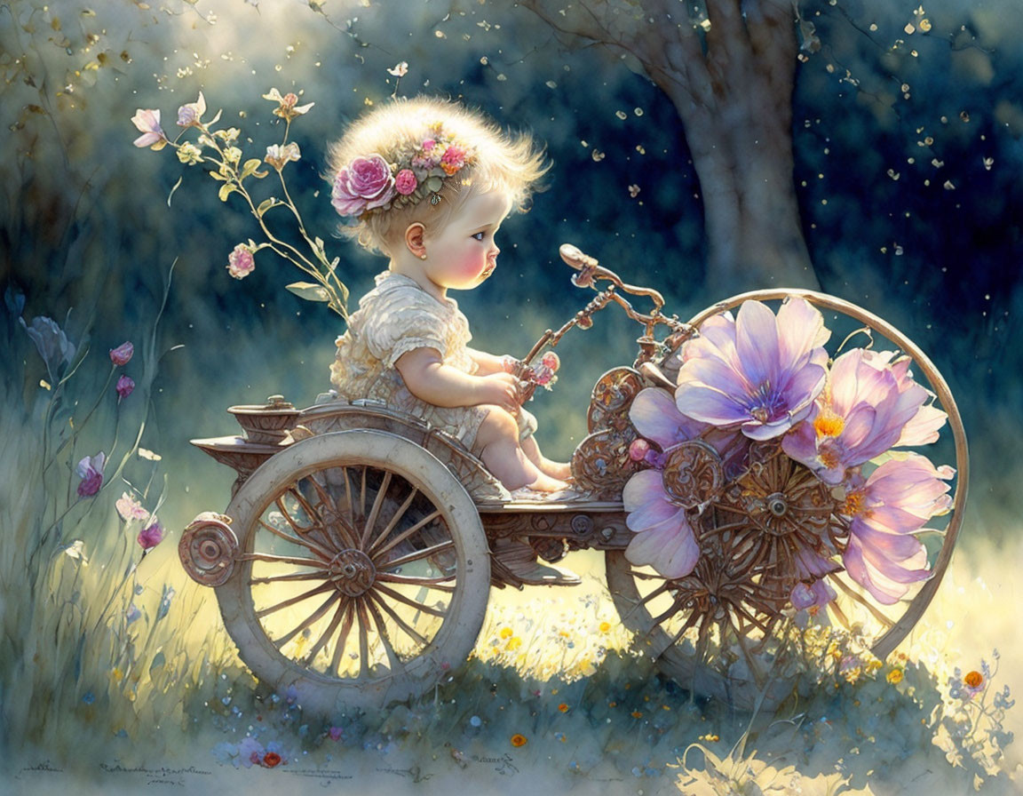 Child with floral headpiece on wooden cart in sunlit clearing