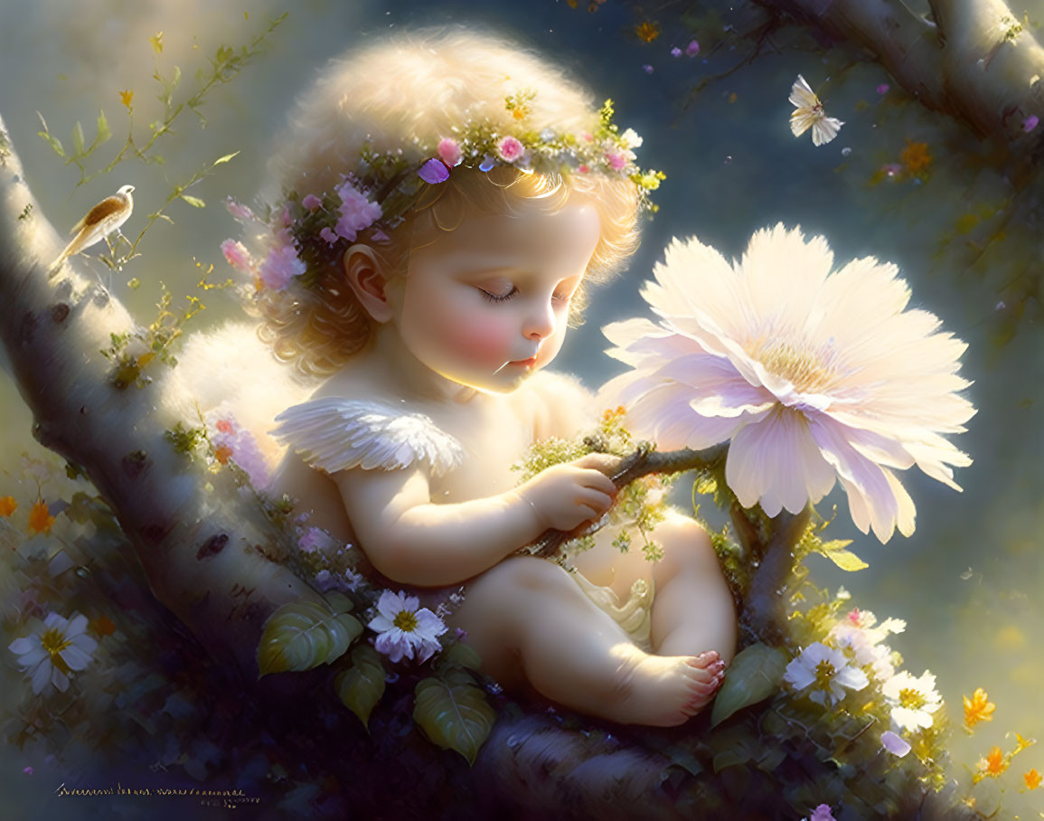 Serene baby with flowers on tree branch in soft sunlight