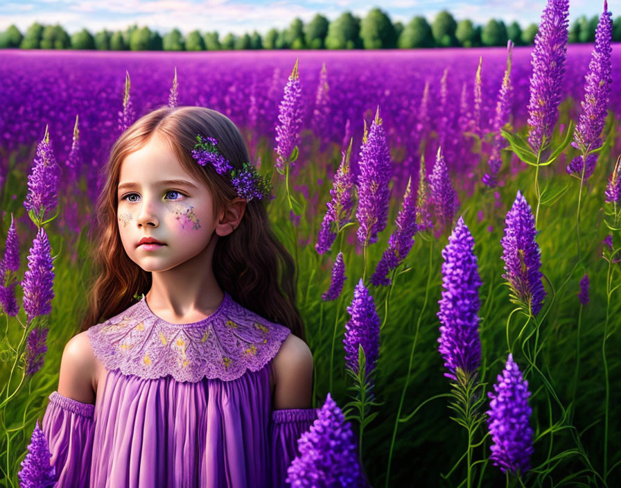 Young girl in purple dress surrounded by lupine flowers in vibrant field