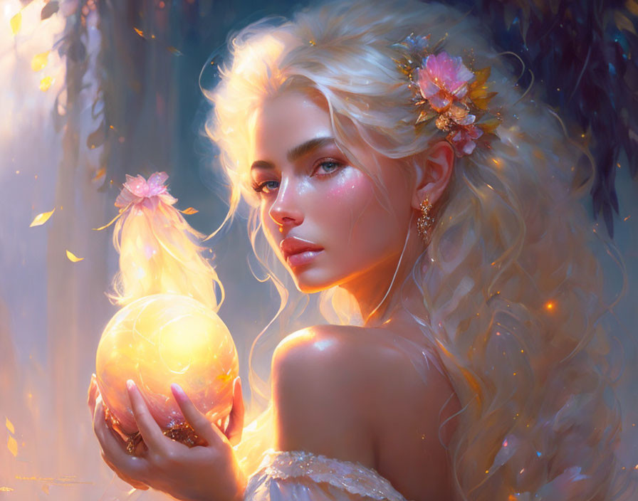 Golden-haired woman with glowing orb in ethereal setting